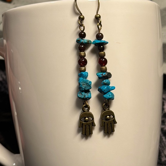 Handcrafted Garnet and Turquoise Hamsa Earrings - Picture 8 of 10